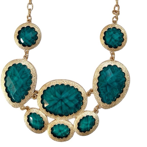 Emerald Green Gold Tone Statement Necklace & Earring Set NWT Costume Bib - Picture 3 of 10